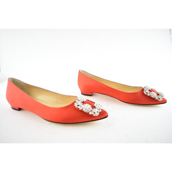 Manolo Blahnik Hangisi Red Satin Silver Jewel Buckle Ballerina Ballet Flat 36 - Picture 4 of 12